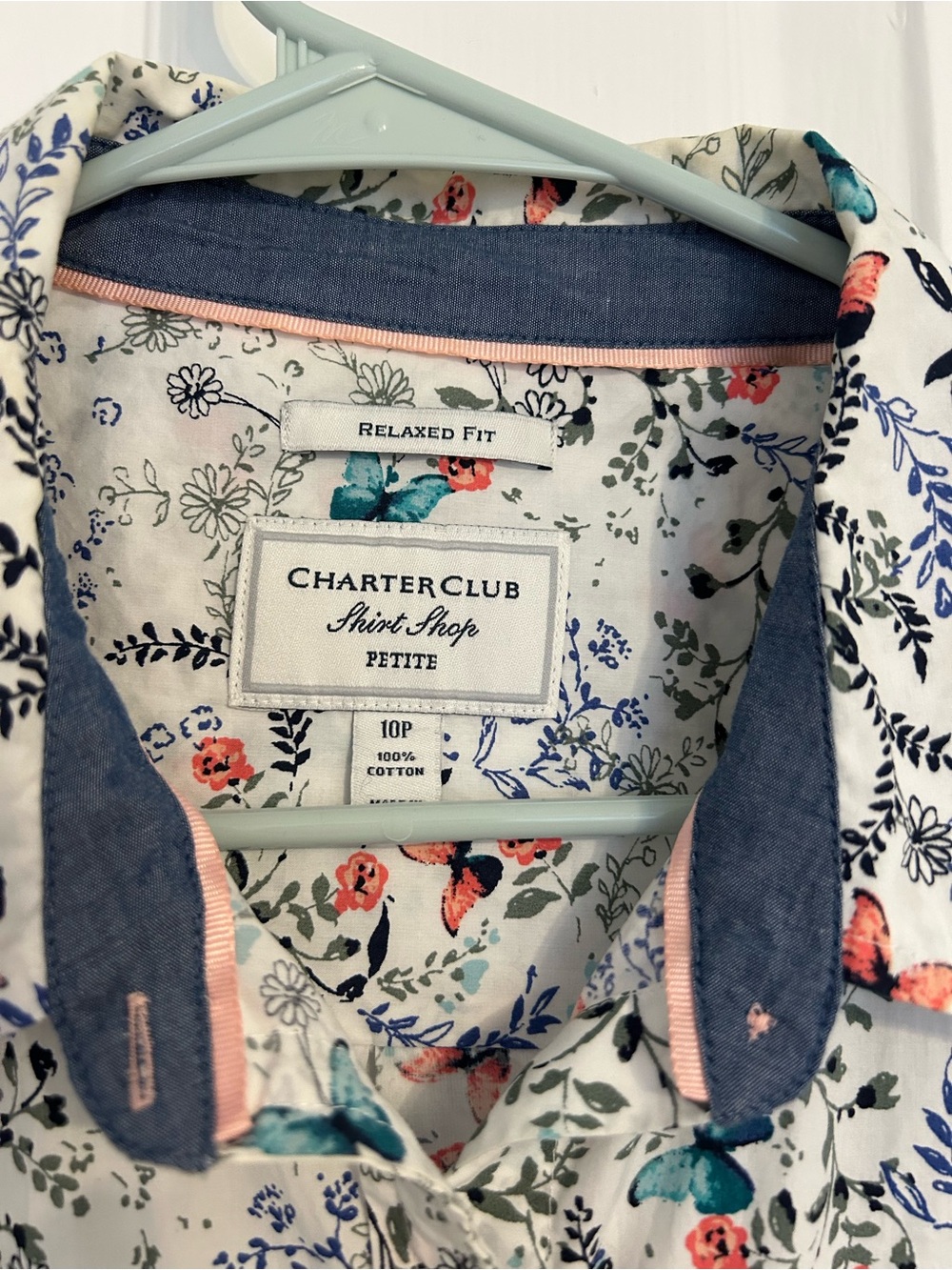 Charter Club Petite Floral Button-Up Blouse in White with Blue and Coral Print